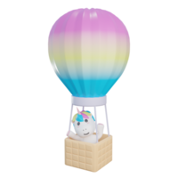 unicornio montando ilustración de globo de aire caliente con fondo transparente 3d render png