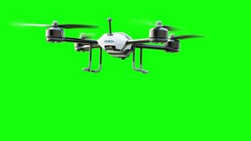 drone witte kleur vliegende animatie. ga weg van de camera op groen scherm, 3d render video