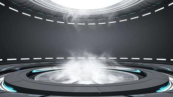 Technology element animation seamless loop. Dark night power podium empty stage and smoke or steam. Futuristic and innovation background concept, 3D render. video