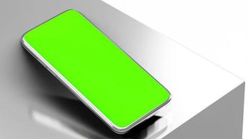 animação de maquete de telefone metálico. tela verde com luz brilhante e fundo de sombra de contraste. conceito de ideia mínima, renderização 3d. video