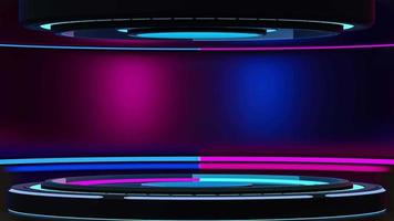 Technology element animation seamless loop. Dark night power podium empty stage and bright neon lamps blue and magenta color. Futuristic and innovation background concept, 3D render. video