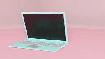 blå laptop mock-up animation på rosa bakgrund. designad i pastellfärger. minimal idé koncept. grön skärm, 3d-rendering. video