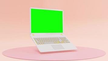 laptop-modell weiße farbanimation auf rosa hintergrund. in Pastelltönen gestaltet. minimales ideenkonzept. grüner bildschirm, 3d-rendering. video