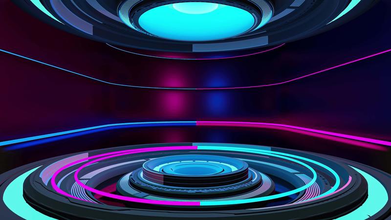 Technology element animation seamless loop. Dark night power podium empty  stage and bright neon lamps blue and magenta color. Futuristic and  innovation background concept, 3D render.