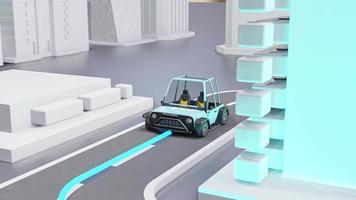 blauwe auto's volgen het spoor met behulp van gps-navigatie. ontwerpconcept minimaal en locatiekaart pin animatie lus gps, 3d render. video