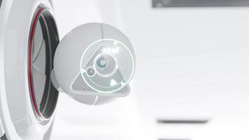 telecamera cctv di sicurezza futuristica con sensore di movimento. scansionare l'area per scopi di sorveglianza. concetto di tecnologia e innovazione. rendering 3d video