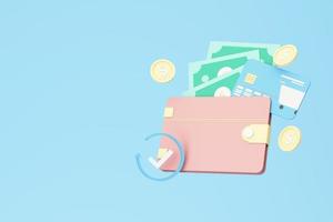 Pink Wallet and Credit card with cash and gold coin floating coins around on blue pastel background. money-saving, cashless society concept. realistic 3d render illustration photo