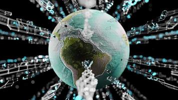 Globus dreht sich im Netzwerk oder Übertragung von Daten oder Energiekonzept. hintergrund der erdanimation. Menschheit verbindet Sicherheits-Blockchain. 3D-Rendering.