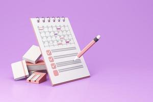 composición de iconos con calendario con fechas y citas programadas, reloj, lista de tareas pendientes con tareas, recordatorios y mensajes. papel con lápiz y libro. sobre fondo púrpura render 3d realista foto