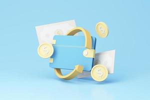 blue Wallet with cash and gold coin floating with symbol of successful transfer coins around on blue pastel background. money-saving, cashless society concept. realistic 3d render illustration photo