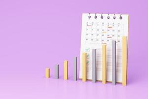 The bar shows the stats that are gradually increasing accordingly. Show monthly turnover of sales and have a detailed calendar on purple background. realistic 3d render photo