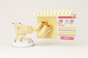 Online store concept on laptop screen with striped awning and shoe sneaker pastel color on screen with buy icon and comment review. on white background realistic 3d rendering photo