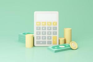 business investment profit concept and money saving, wealth about money and financial planning with Bundle of money, banknote and gold coins with calculator on green background. realistic 3d render photo