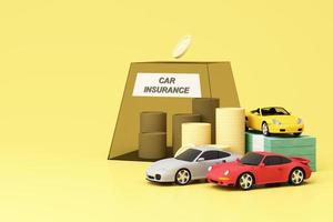 Car automobile insurance and collision damage waiver concept surrounding by gold coin and cash with sport car model and piggy bank isolated on yellow pastel background. realistic 3d render photo