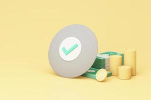 Concept of money protection, financial savings insurance. Secure investment, surrounding by gold coin and cash with shield isolated on yellow pastel background realistic 3d render. photo