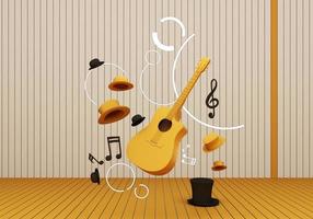 guitar and black hat with music keys on a yellow floor and background 3D Render. photo