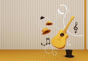 guitar and black hat with music keys on a yellow floor and background 3D Render. photo