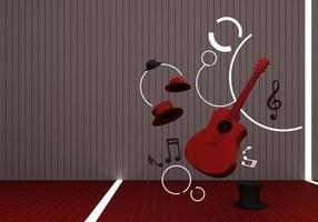 guitarra y sombrero negro con teclas de música en un piso amarillo y renderizado 3d de fondo. foto