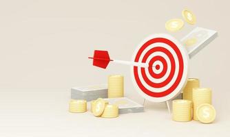 Dart hitting a target on the center on white background with copy space with cash and gold coins on the ground. Minimal concept. 3d render illustration photo