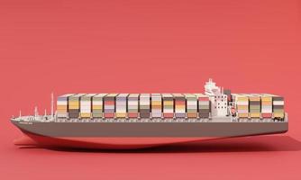 side elevation of cargo ship full of containers on red background. 3D rendering photo