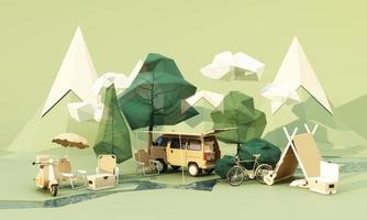 low poly cartoon part Mobile homes and tents In the national park, there are bicycles, ice buckets, guitars and chairs, and trees with clouds and mountains in the background. green tone 3d render photo