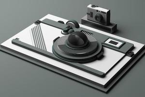 Design with composition the camera of geometric memphis style shapes in pastel tone. 3d rendering illustration photo