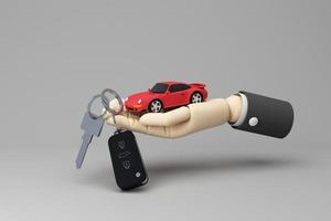 Dealer giving keys chain to a buyer. car rental or sale and car insurance or savings to buy a car concept with money cash and calculator and money coins on pastel background 3d rendering photo