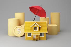 Real estate property investment or insurance. Home mortgage loan rate. Saving money for retirement concept. Coin stack on banknotes with yellow house model, homes key and cartoon hand. 3d rendering photo