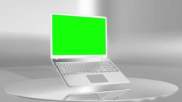metalen laptop mock-up animatie op witte achtergrond. minimaal idee concept. groen scherm, 3d render. video