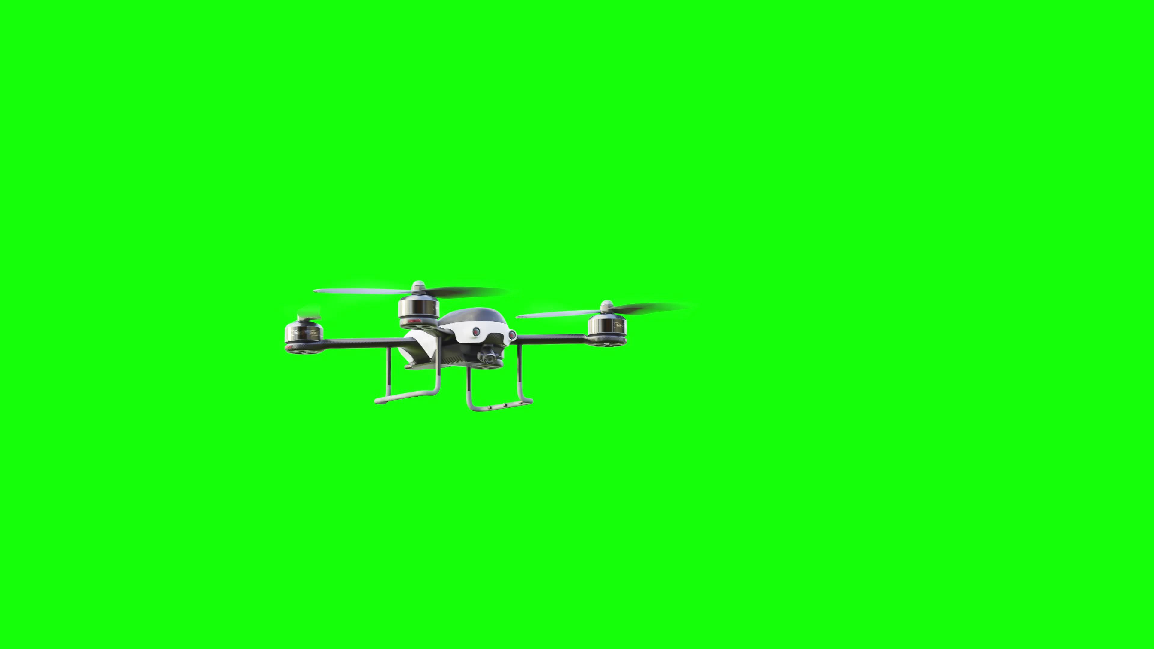 Drone white color flying move towards camera then move out to the side On Green Screen. 3D