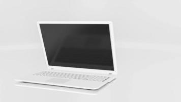 animação de maquete de laptop branco sobre fundo branco. conceito de ideia mínima. tela verde, renderização 3d. video