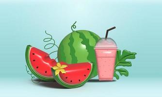 Banner 3d de sandía y rebanadas jugosas, ilustración 3d de jugo de sandía, concepto de fruta fresca y jugosa de comida de verano. foto