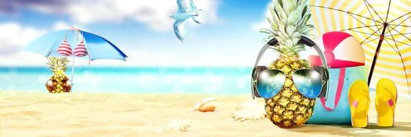 Creative pineapple with sunglasses on summer background. photo