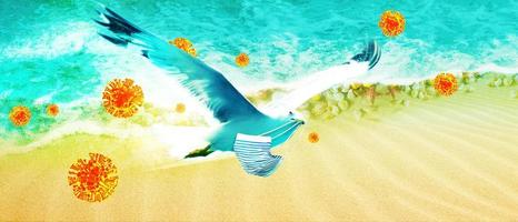 Seagulls with corona virus mask flying over the beach photo