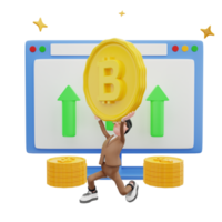El hombre de renderizado 3d levanta la ilustración de bitcoin png