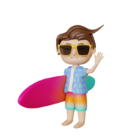 3D-rendering söt pojke surfa på sommaren png