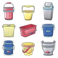 Bucket types container icons set, cartoon style vector