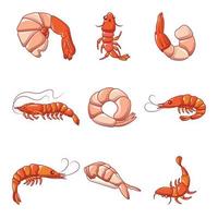 conjunto de iconos cocidos de camarones, estilo de dibujos animados