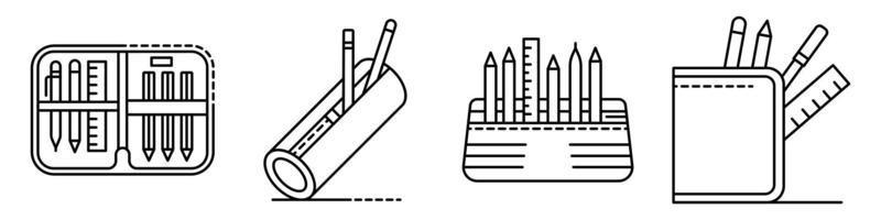 Pencil case icons set, outline style vector