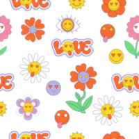 patrón vectorial retro sin fisuras con elementos maravillosos de vibraciones de los años 70, 80 y 90. pegatinas con letras de amor, poder floral funky de dibujos animados, flores de margarita, cara sonriente sobre fondo púrpura png