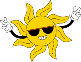 divertente personaggio dei cartoni animati sole in occhiali scuri con guanti per le mani png