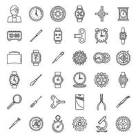 conjunto de iconos de reparación de relojes mecánicos, estilo de contorno vector
