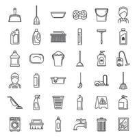 Cleaning services equipment icons set, outline style vector