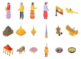 Myanmar icons set isometric vector. Burma landmark vector