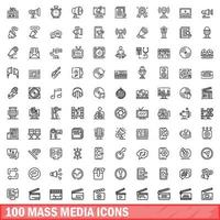 100 mass media icons set, outline style vector