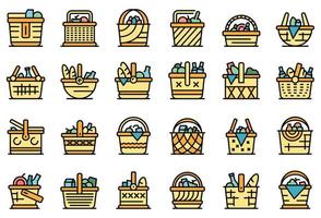 Picnic basket icons set line color vector