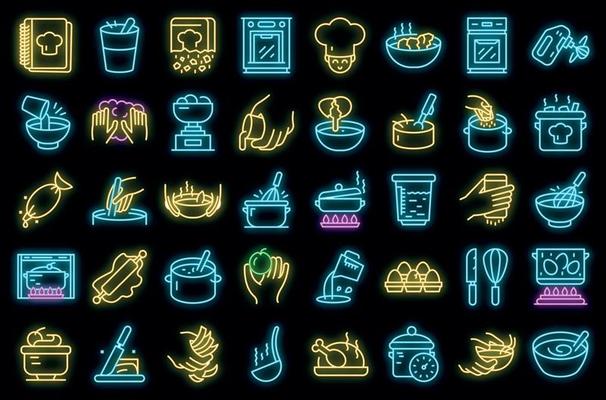 Hands preparing foods icons set vector neon
