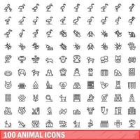 100 animal icons set, outline style vector