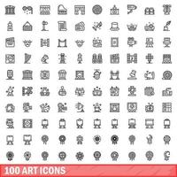 100 art icons set, outline style vector