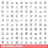 100 animal icons set, outline style